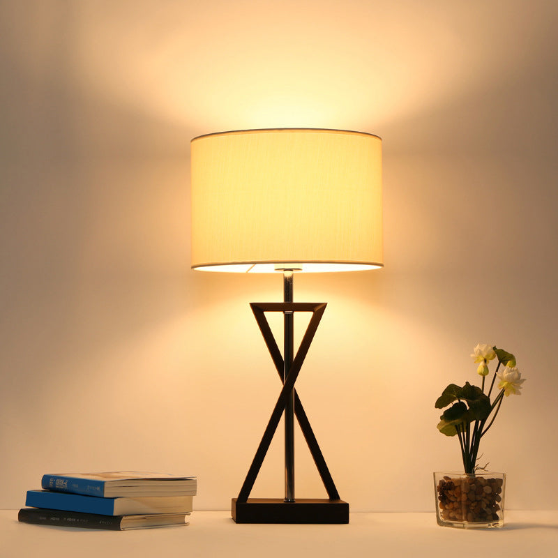 Contemporary Fabric Drum Shade Table Lamp With Modern Hourglass Design For Bedside Nightstand