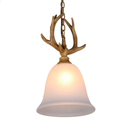 Rustic White Glass Hanging Pendant Light With Elk Design - 1 Bell Ceiling Lamp