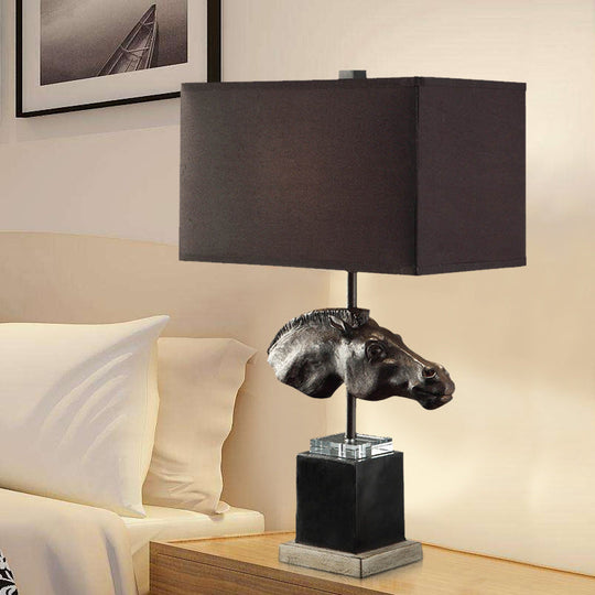 Traditional Metal Table Light With Fabric Shade And Horse Head Design