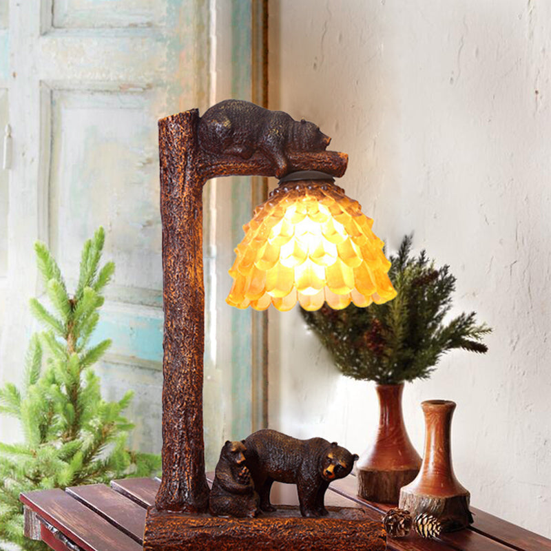 Amber Glass Bear Table Light - Brown Pinecone Bedroom Task Lamp