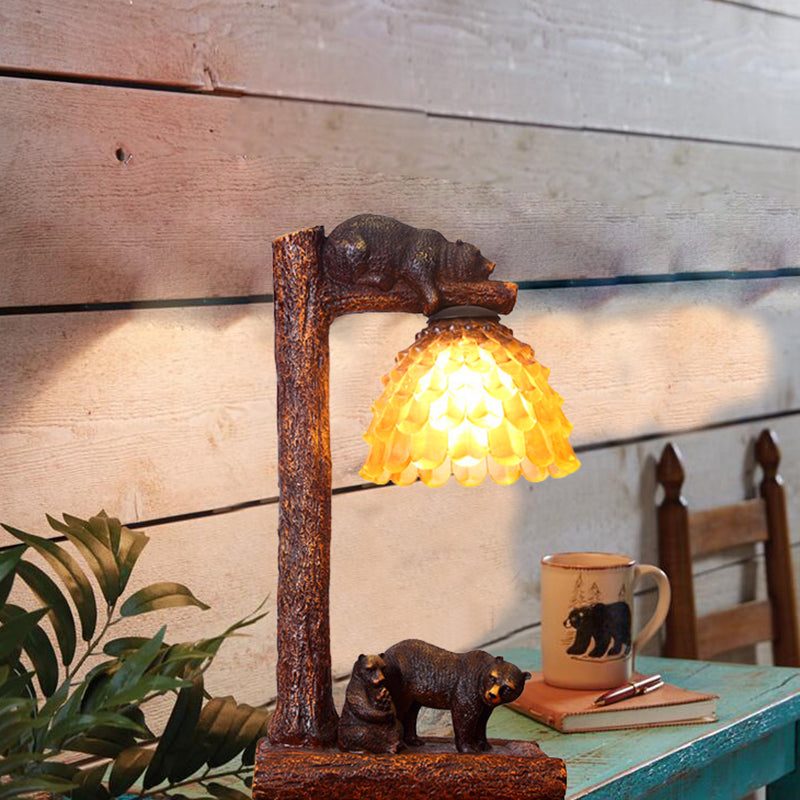 Amber Glass Bear Table Light - Brown Pinecone Bedroom Task Lamp