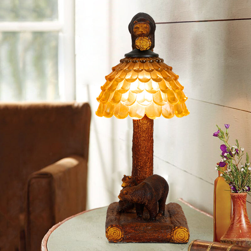 Amber Glass Bear Table Light - Brown Pinecone Bedroom Task Lamp