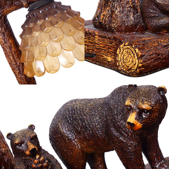 Amber Glass Bear Table Light - Brown Pinecone Bedroom Task Lamp