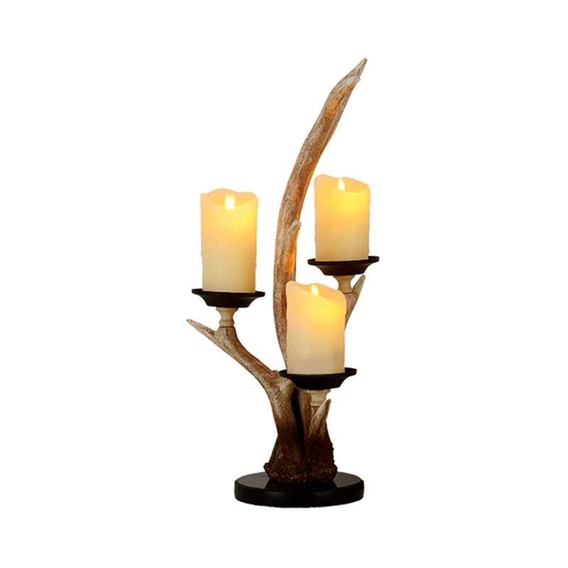 Rustic 3-Light Resin Desk Lamp For Bedroom - Country Style Candle Reading Light In Wood With Antlers