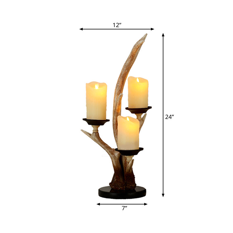 Rustic 3-Light Resin Desk Lamp For Bedroom - Country Style Candle Reading Light In Wood With Antlers