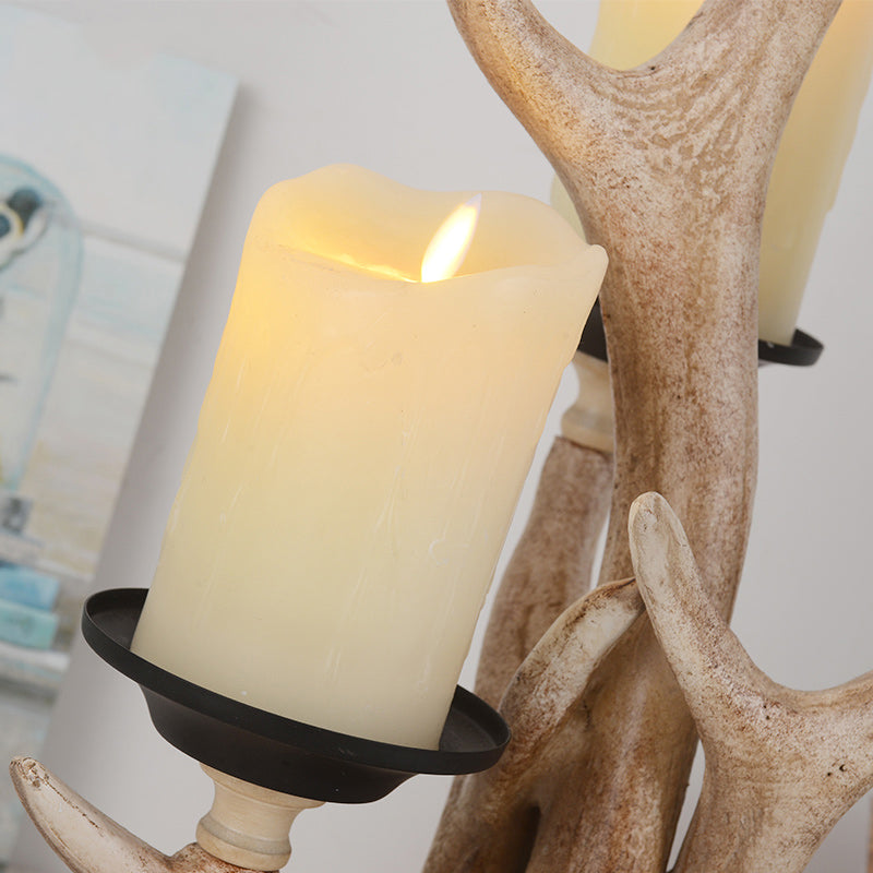 Rustic 3-Light Resin Desk Lamp For Bedroom - Country Style Candle Reading Light In Wood With Antlers