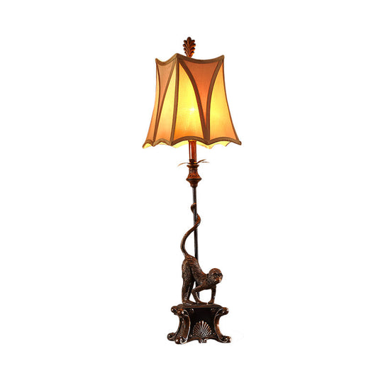 Country Bronze Desk Lamp With Trapezoid Fabric Shade - 1 Light Bedroom Table