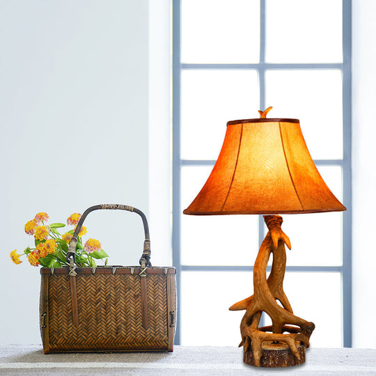 1-Light Desk Lamp: Traditional Wood & Fabric With Antler Accents - Ideal Bedroom Task Lighting