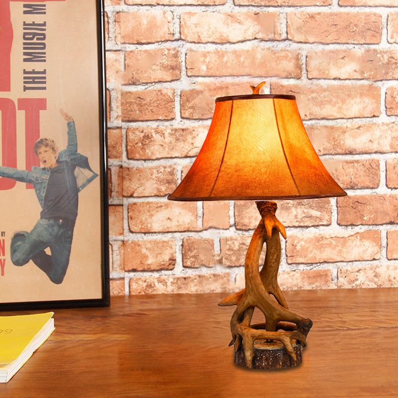 1-Light Desk Lamp: Traditional Wood & Fabric With Antler Accents - Ideal Bedroom Task Lighting