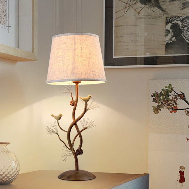 Country Style Drum Bedroom Night Table Lamp With Tree And Bird Design - Beige 1-Light Desk Light