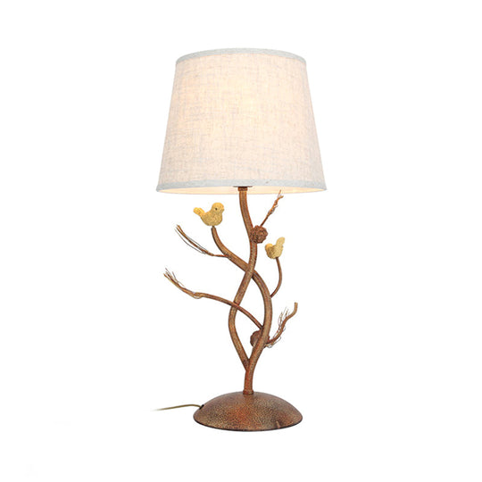 Country Style Drum Bedroom Night Table Lamp With Tree And Bird Design - Beige 1-Light Desk Light