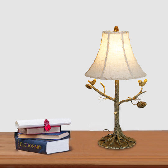 Rustic Tower Shade Fabric Table Lamp: 1-Light Reading Light For Bedroom Beige With Bird Design