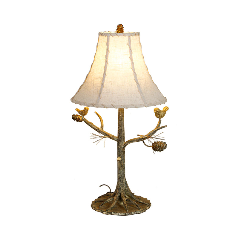 Rustic Tower Shade Fabric Table Lamp: 1-Light Reading Light For Bedroom Beige With Bird Design