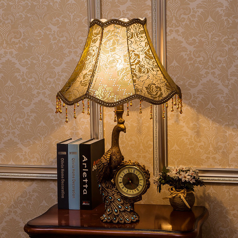 Rustic Bell Standing Desk Lamp With Peacock And Clock - Tan Table Light 1-Light Printing Fabric