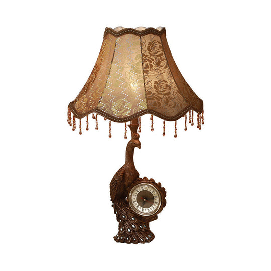 Rustic Bell Standing Desk Lamp With Peacock And Clock - Tan Table Light 1-Light Printing Fabric