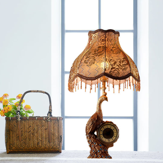 Classic Scalloped Table Light In Brown/Gold For Bedroom With Peacock And Clock Design - 1 Fabric