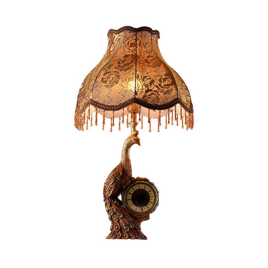 Classic Scalloped Table Light In Brown/Gold For Bedroom With Peacock And Clock Design - 1 Fabric