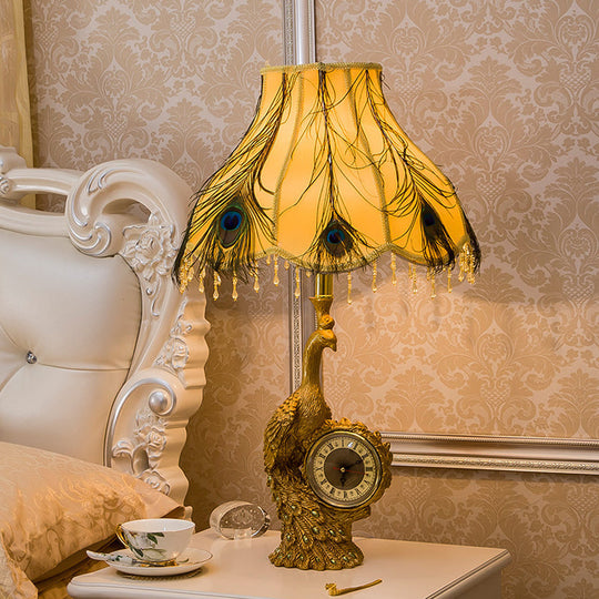 Classic Scalloped Table Light In Brown/Gold For Bedroom With Peacock And Clock Design - 1 Fabric