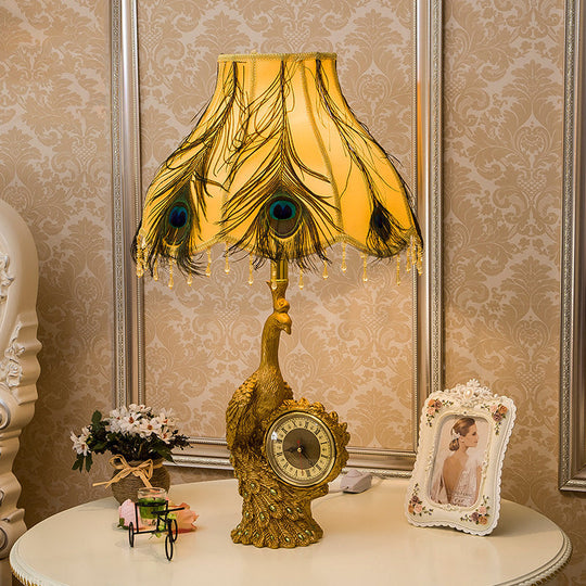 Classic Scalloped Table Light In Brown/Gold For Bedroom With Peacock And Clock Design - 1 Fabric