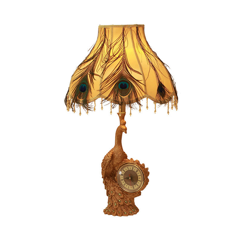 Classic Scalloped Table Light In Brown/Gold For Bedroom With Peacock And Clock Design - 1 Fabric