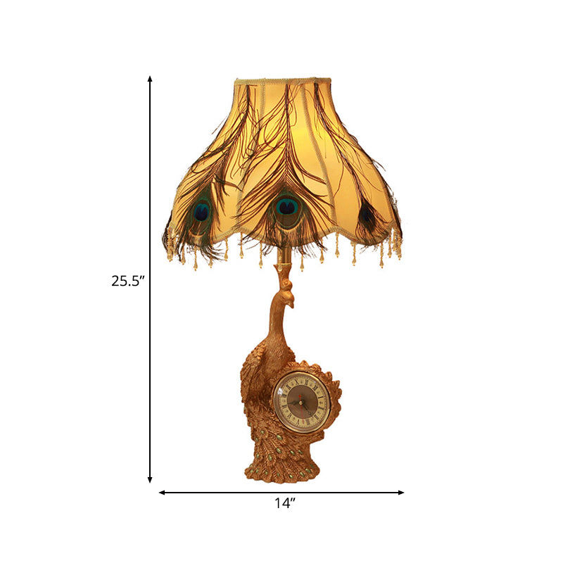 Classic Scalloped Table Light In Brown/Gold For Bedroom With Peacock And Clock Design - 1 Fabric