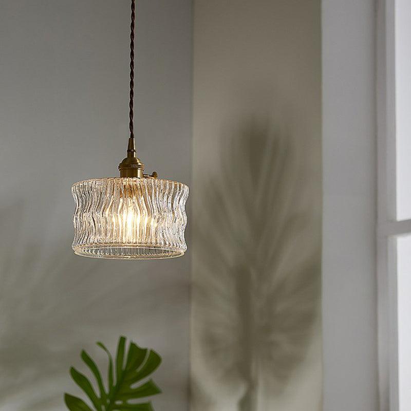 Vintage Drum Pendant Light With Clear Ribbed Glass Shade