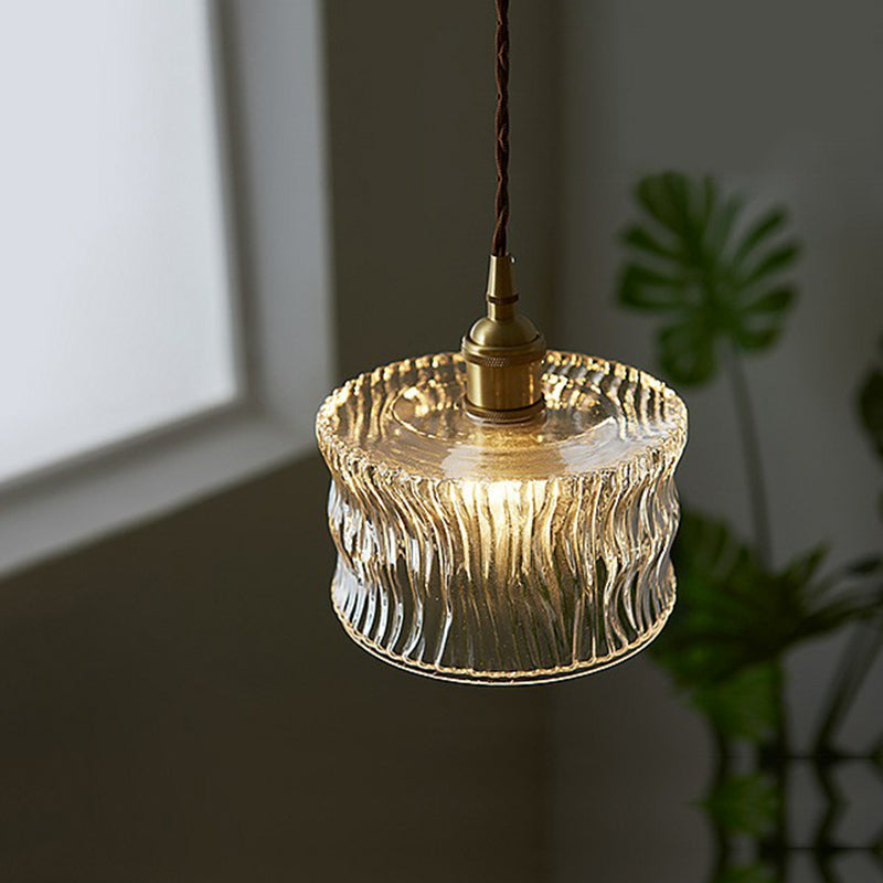 Vintage Drum Pendant Light - 1-Light Clear Ribbed Glass Fixture