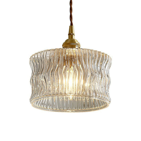 Vintage Drum Pendant Light - 1-Light Clear Ribbed Glass Fixture