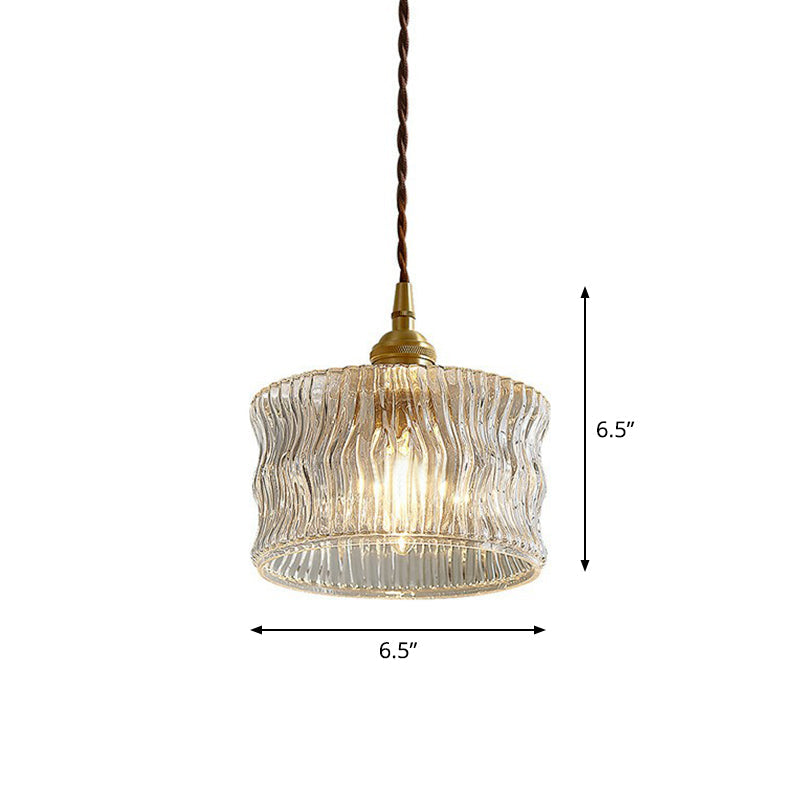 Vintage Drum Pendant Light - 1-Light Clear Ribbed Glass Fixture