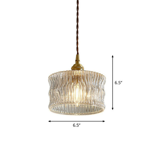 Vintage Drum Pendant Light - 1-Light Clear Ribbed Glass Fixture