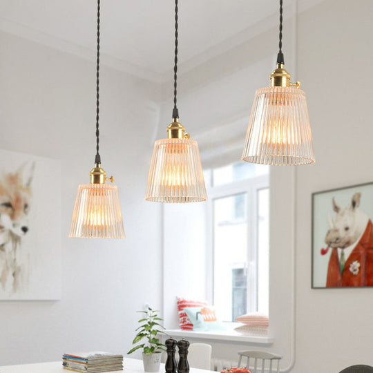 Clear Ribbed Glass Hanging Pendant Light For Restaurants - Tapered Simplicity Design With 1 Bulb