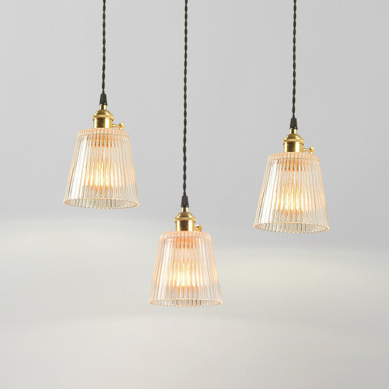 Clear Ribbed Glass Hanging Pendant Light For Restaurants - Tapered Simplicity Design With 1 Bulb