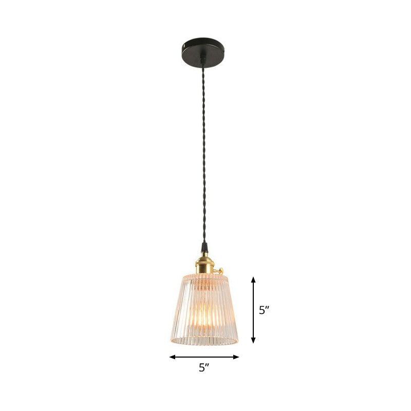 Clear Ribbed Glass Hanging Pendant Light For Restaurants - Tapered Simplicity Design With 1 Bulb