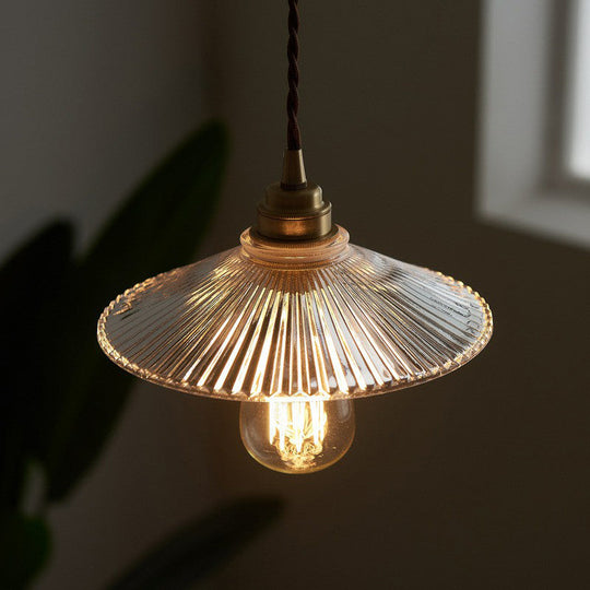 Vintage Glass Hanging Lamp: Cone-shaped Clear Ribbed Pendant for Dining Room Lighting & Single-Bulb Accent