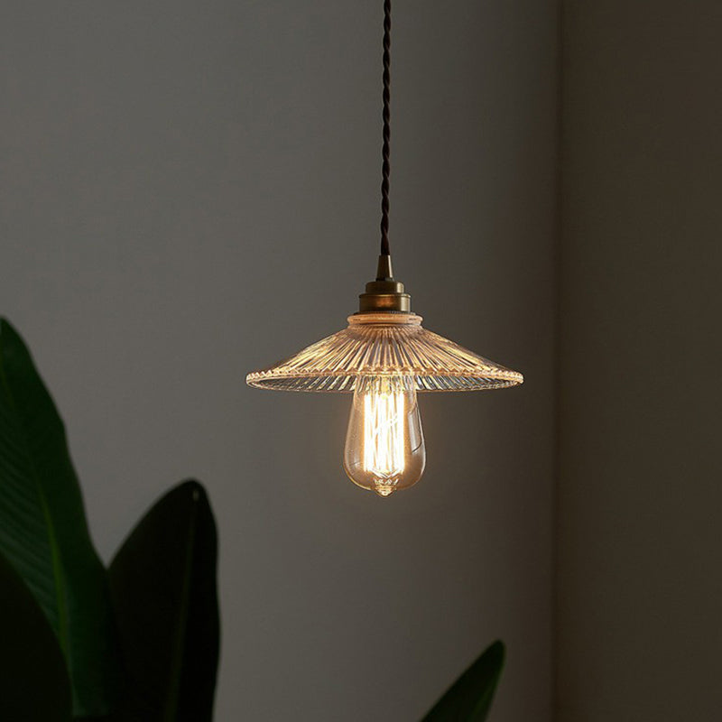 Vintage Glass Hanging Lamp: Cone-shaped Clear Ribbed Pendant for Dining Room Lighting & Single-Bulb Accent