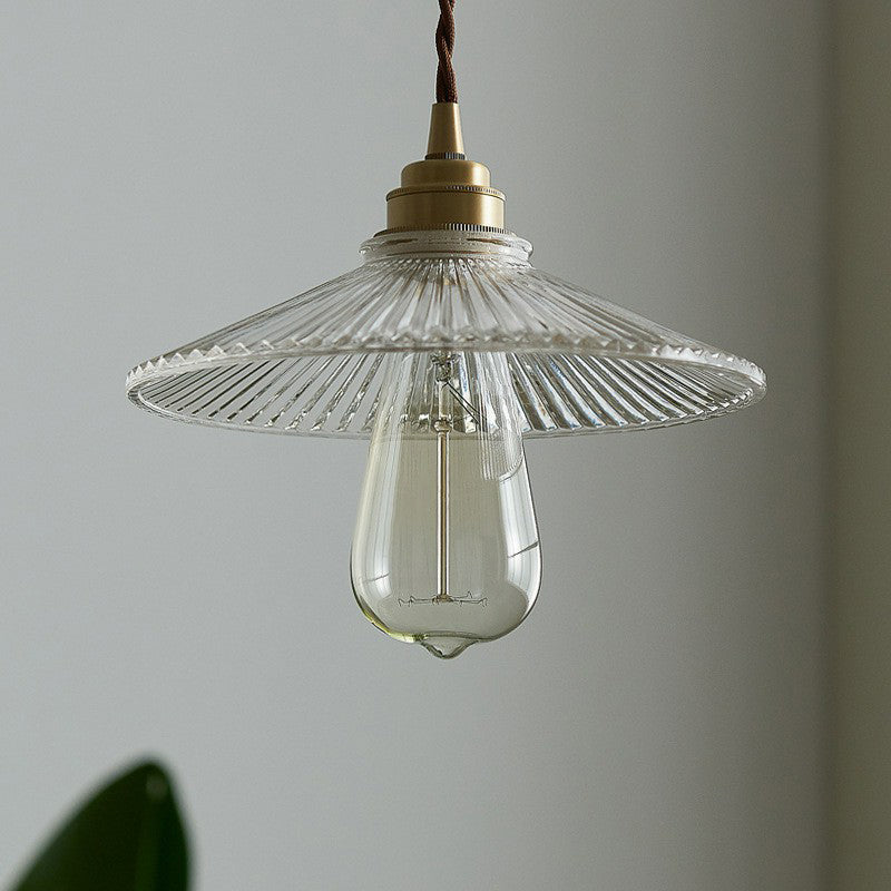 Vintage Glass Hanging Lamp: Cone-shaped Clear Ribbed Pendant for Dining Room Lighting & Single-Bulb Accent