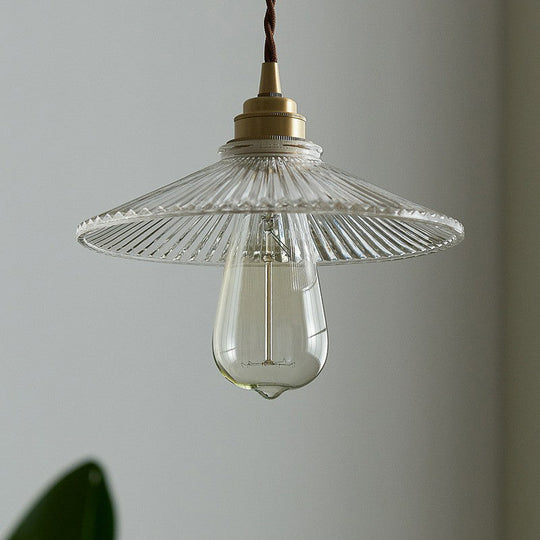 Vintage Glass Hanging Lamp: Cone-shaped Clear Ribbed Pendant for Dining Room Lighting & Single-Bulb Accent