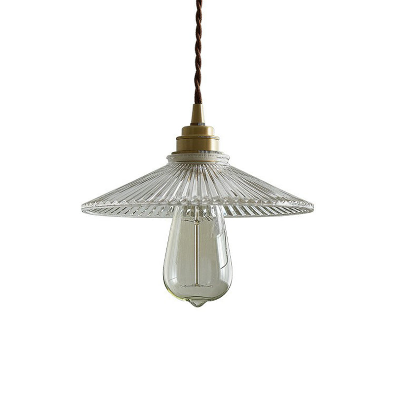 Vintage Glass Hanging Lamp: Cone-shaped Clear Ribbed Pendant for Dining Room Lighting & Single-Bulb Accent