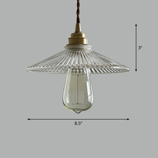 Vintage Glass Hanging Lamp: Cone-shaped Clear Ribbed Pendant for Dining Room Lighting & Single-Bulb Accent