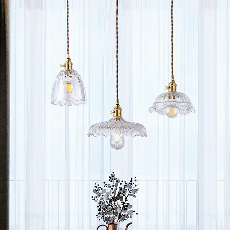 Vintage Style Brass Pendant Hanging Lamp With Glass Shade - Single-Bulb Dining Room Lighting