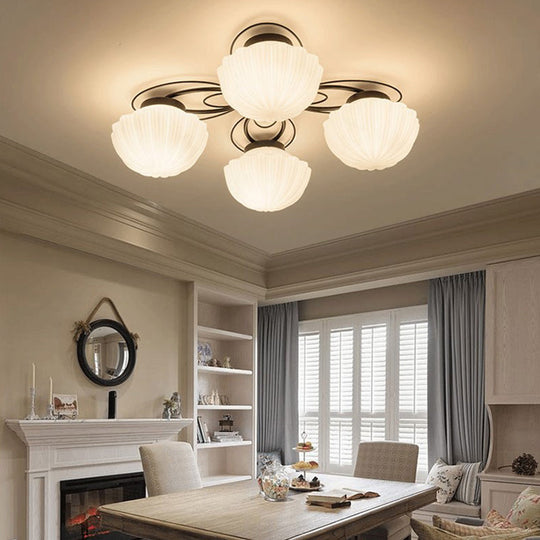 Black Classic Semi Flush Light with White Glass Bowl for Corridor - 3/4/6 Lights Ceiling Lighting