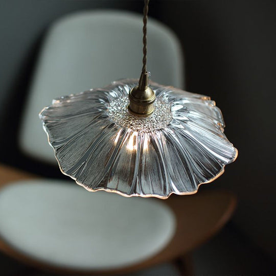 Antique Floral Pendant Light With Ruffle Glass Shade In Brass