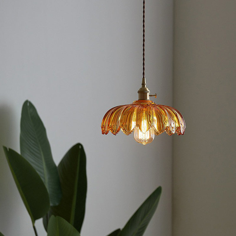 Scalloped Glass Flower Ceiling Light Industrial Single Dining Room Hanging Pendant Light