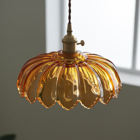 Scalloped Glass Flower Ceiling Light Industrial Single Dining Room Hanging Pendant Light