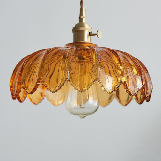 Scalloped Glass Flower Ceiling Light Industrial Single Dining Room Hanging Pendant Light