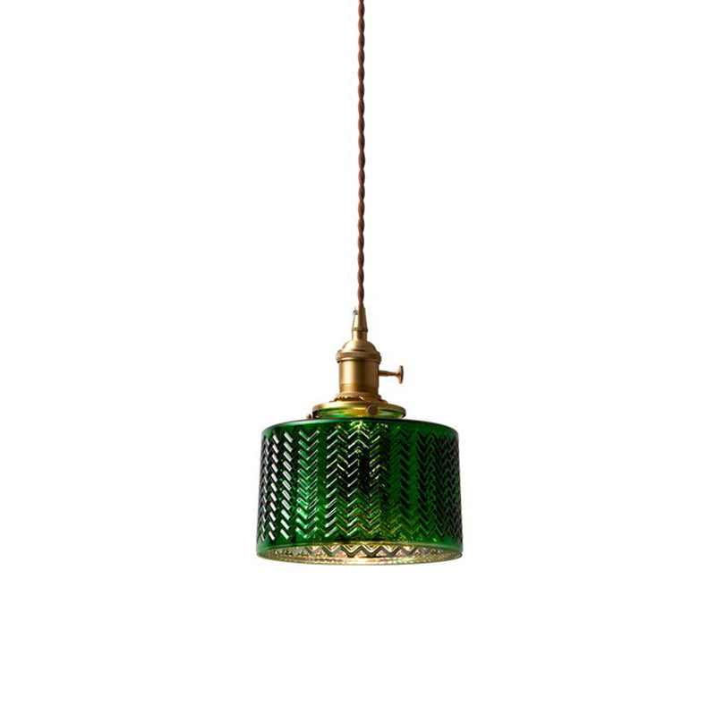 Green Ripple Glass Antique Drum Shade Pendant Light - 1-Light Hanging Fixture