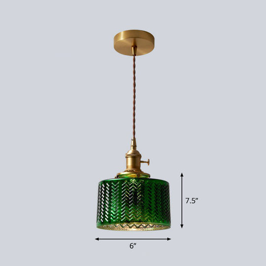 Green Ripple Glass Antique Drum Shade Pendant Light - 1-Light Hanging Fixture