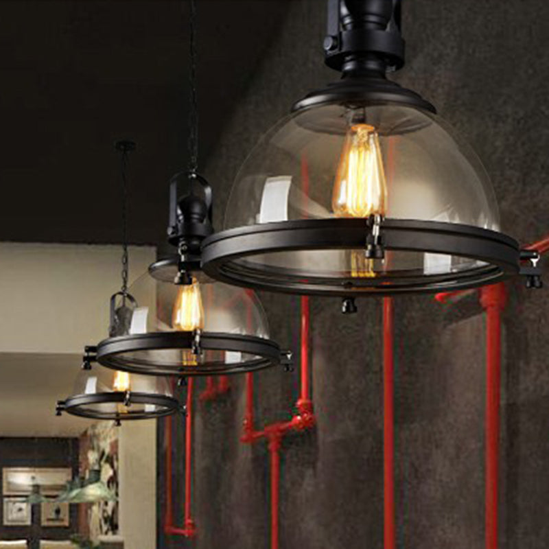 Black Glass Hanging Light with Thick Dome Design - Stylish 1" Bulb Restaurant Pendant Fixture