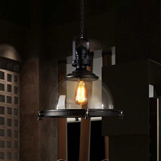 Black Glass Hanging Light with Thick Dome Design - Stylish 1" Bulb Restaurant Pendant Fixture