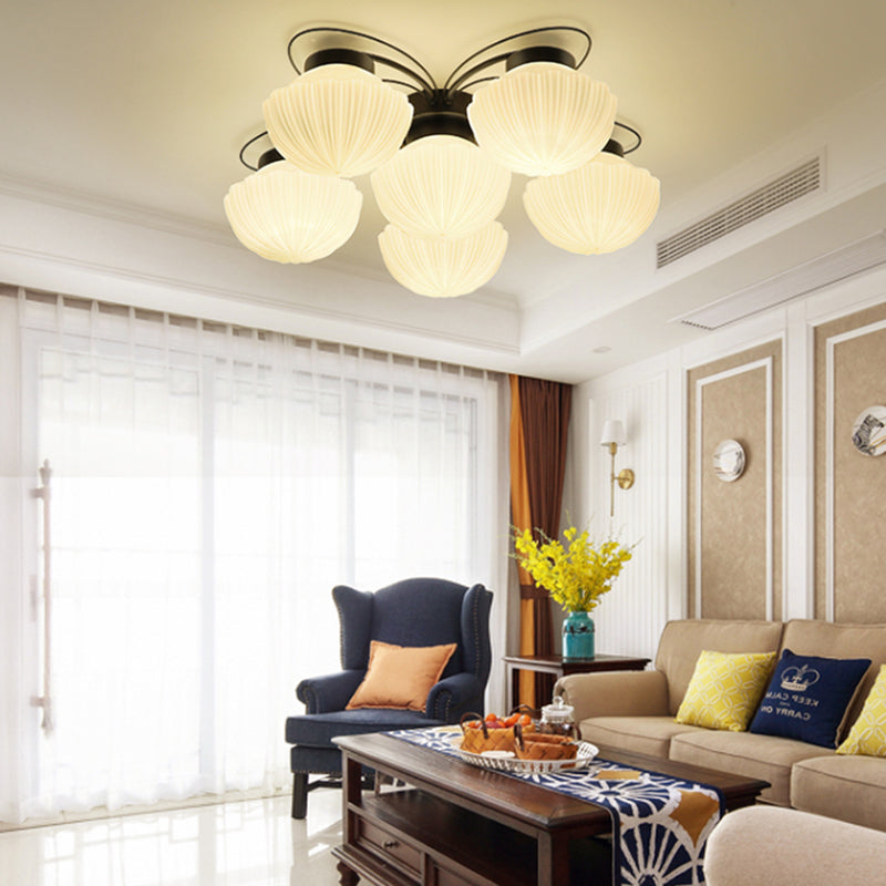 Black Classic Semi Flush Light with White Glass Bowl for Corridor - 3/4/6 Lights Ceiling Lighting